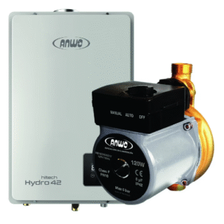 CALEFÓN ANWO 24 L/M HITECH HYDRO 42 TIRO FORZADO LPG + BOMBA PRESURIZADORA BBAPRESANWO-9/26