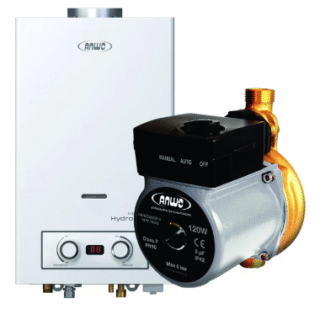 CALEFÓN ANWO 8 L/M HITECH HYDRO 16 TIRO NATURAL NG + BOMBA PRESURIZADORA BBAPRESANWO-9/26